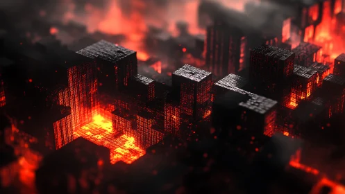 Digital Inferno: 3D City Ablaze with Neon Glow
