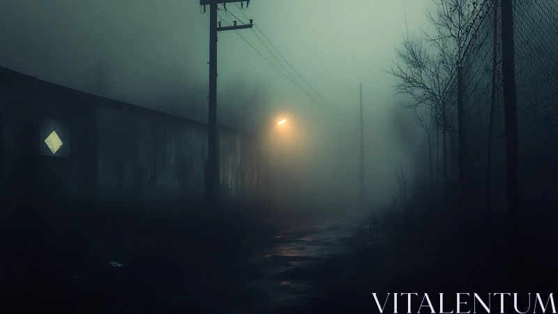 Fog-drenched industrial alley with lone sodium streetlamp.
