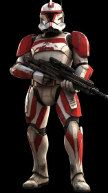 Armored sci fi soldier in worn red white tactical plating.