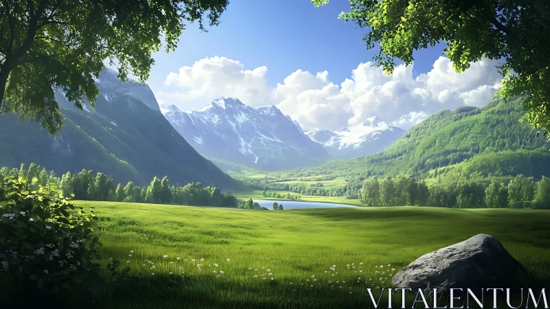 Green valley meadow with lake and distant snow mountains.