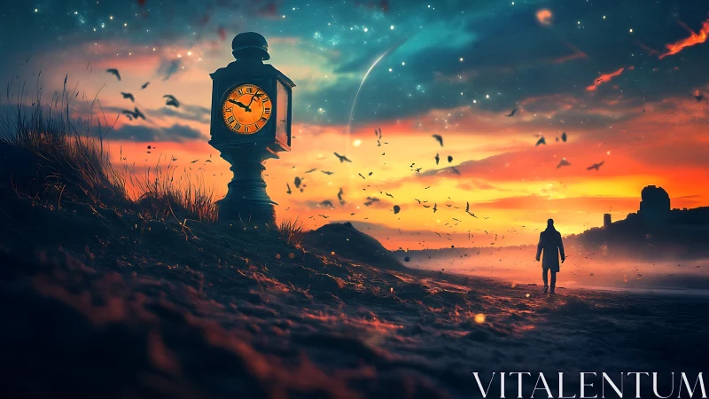 Lone figure walking past glowing clock at surreal dusk.