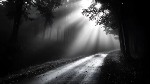 Sunbeams carve a silver path through the brooding forest mist