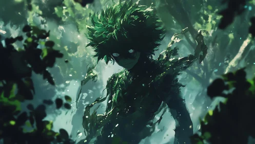 Forest guardian awakens in a swirl of emerald shadows.