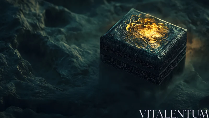 Mystic metallic cube with molten golden core in foggy void.