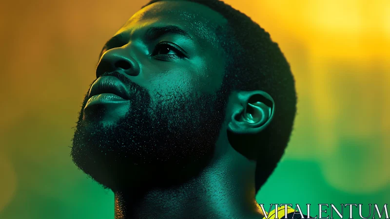 Photorealistic low-angle portrait with cinematic neon rimlight.