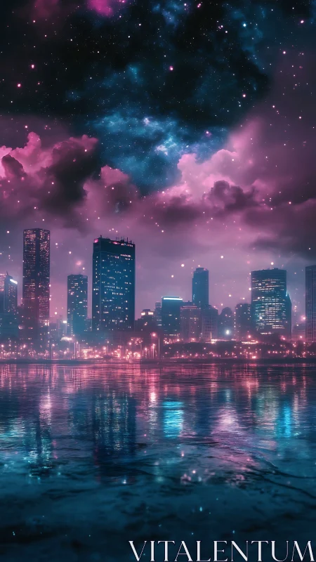 Neon city skyline glowing beneath a dreamy starlit cosmos.