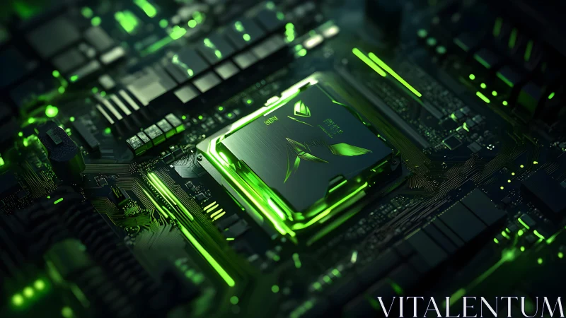 Futuristic CPU on motherboard with neon green lighting, digital art.