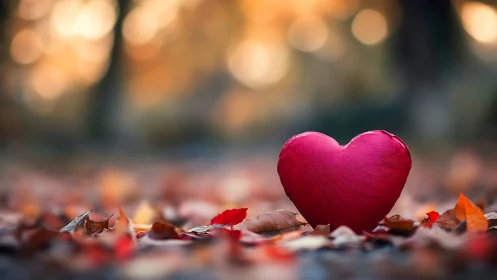 Crimson Heart Ornament on Autumn Leaf Bed with Bokeh Background