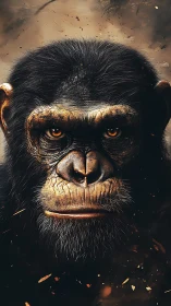 Wise golden-eyed chimpanzee gazing through drifting embers.
