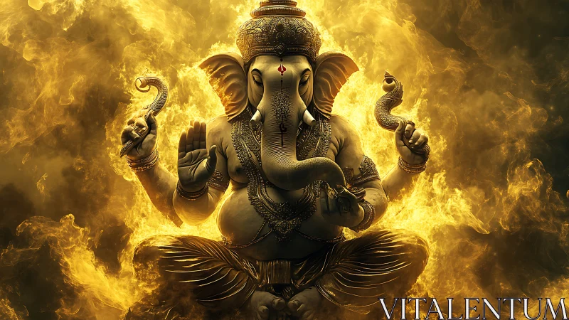 Elephant-headed deity statue is centered within golden flames
