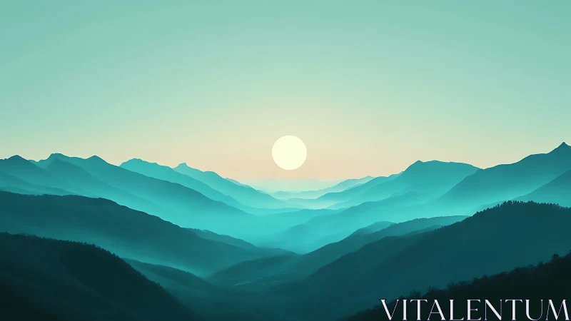 Soft teal mountains welcoming a gentle rising sun.