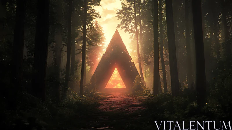 Ethereal Pyramid Gateway: Luminous Portal Through Ancient Forest.