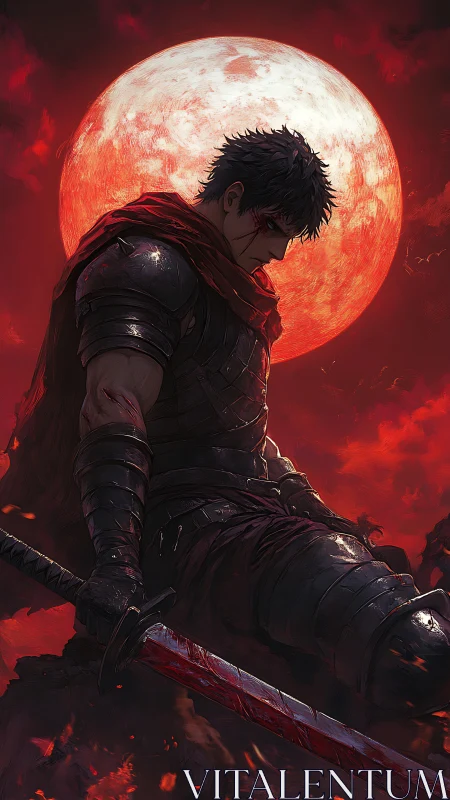 Brooding lone warrior resting beneath a haunting red moon.
