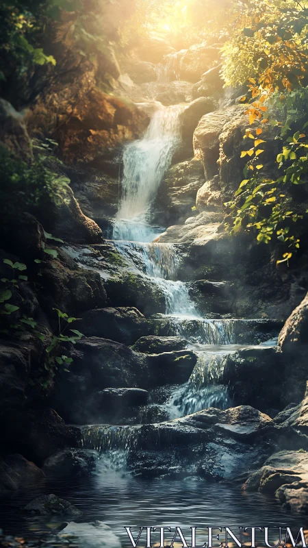 Sunlit forest cascade over mossy rocks at dawn.
