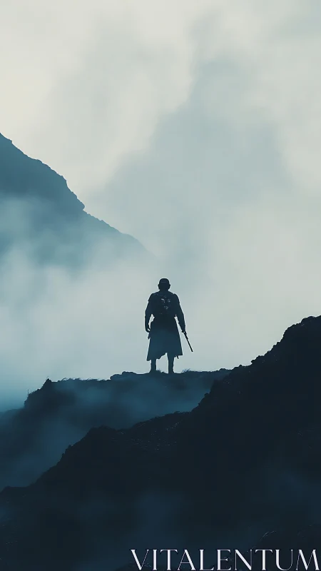 Lone warrior stands in misty mountains at daybreak.