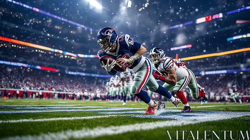 Diving football player stretches for dramatic end zone score.