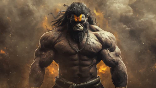 Mighty warrior ape stands strong amid swirling fire and smoke