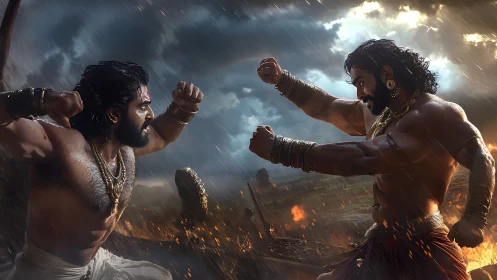 Storm-lit warriors collide in a myth-sized showdown.