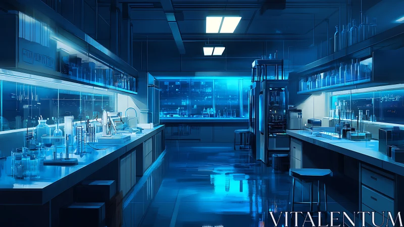 High-tech blue lit analytical chemistry laboratory at night