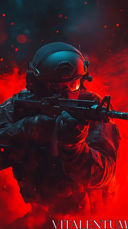 Armored tactical soldier advances through blazing red smoke.