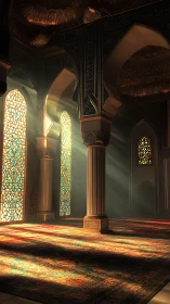 Sunlit Islamic hall with stained glass arches and carved columns