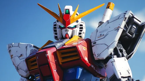 Photorealistic mecha portrait with heroic upward framing.