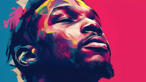 Vibrant digital portrait of man in bold duotone palette.