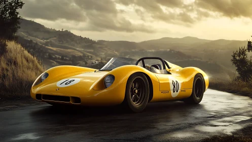 Vintage yellow race car glows on a rain-soaked mountain road.