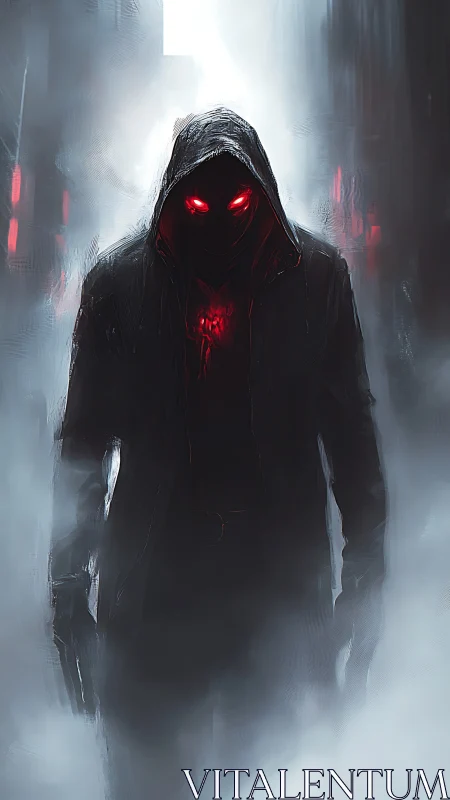 Hooded cyber-noir figure advances through fog in backlit alley