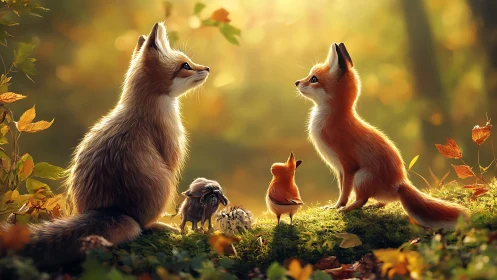 Digital painting of woodland fox family in golden backlight.