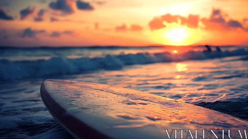 Surfboard on wet shoreline under vivid orange sunset glow.