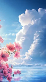 Sakura blossoms over reflective seascape in luminous daylight.