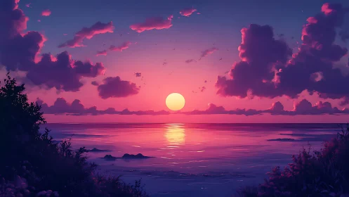 Sunset over calm ocean with silhouetted shoreline vegetation.