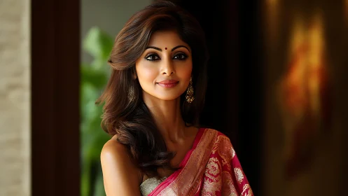 Elegant woman in pink silk saree smiles in warm light.