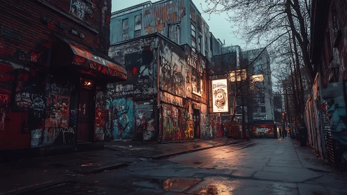 Moody graffiti alleyway glowing with wet neon reflections.