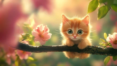 Adorable Ginger Kitten Perched Among Blooming Garden Flowers