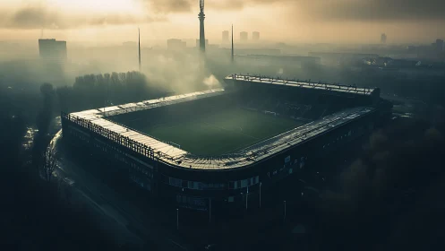 Misty city stadium glowing softly in early morning light.