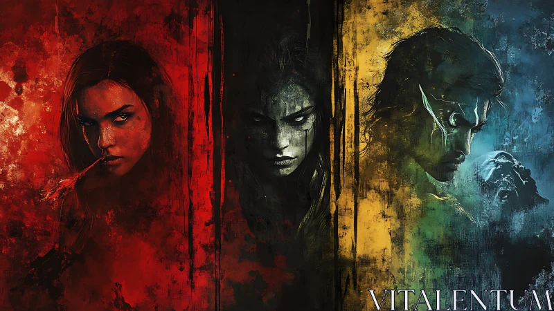 Dark fantasy trio in red, yellow, and blue panels.