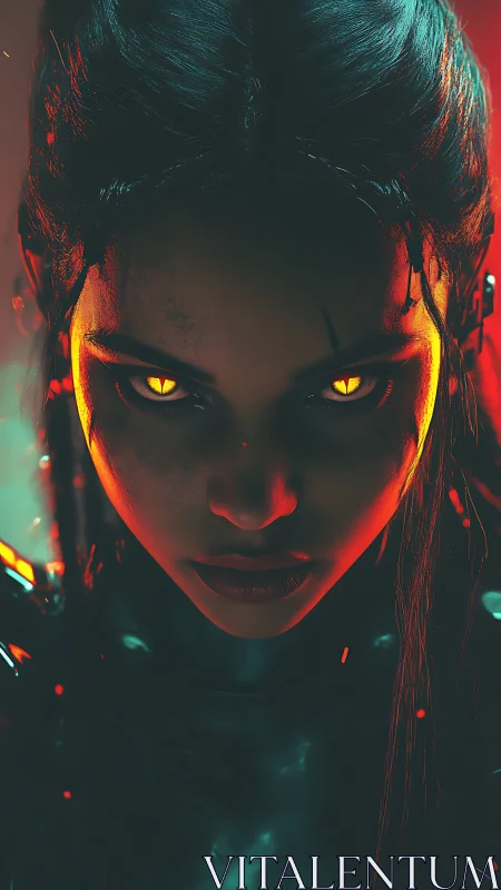 Fierce cyber spirit with molten eyes in neon darkness.