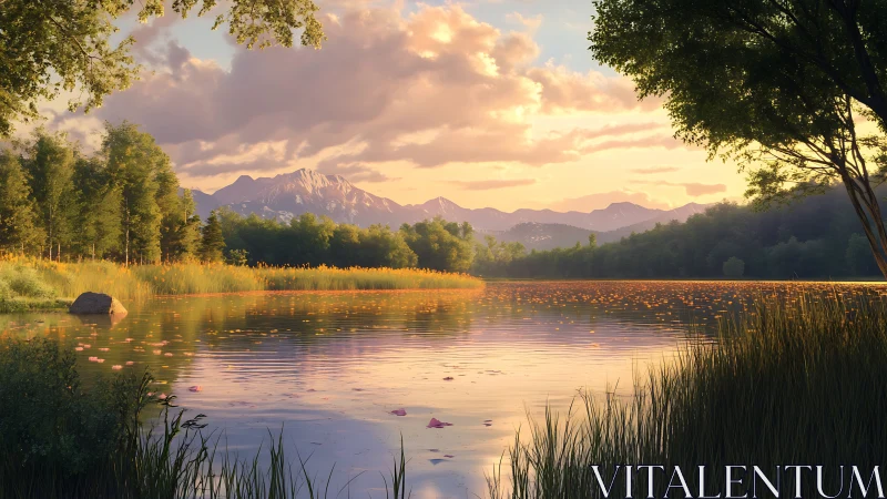 Serene mountain lake at sunset with trees and soft clouds.