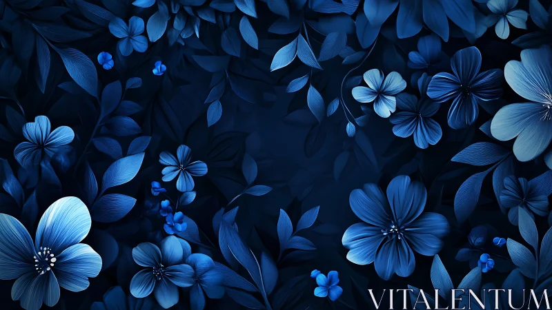 Digital botanical composition depicting blue flowers against dark background