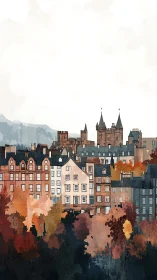 Dense hillside townscape with castle and autumn trees.