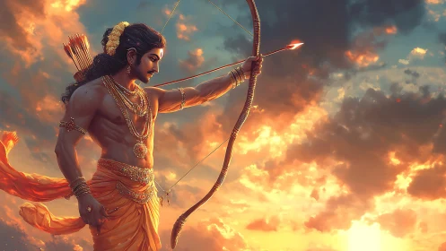 Mythic archer poised against blazing sunset sky.