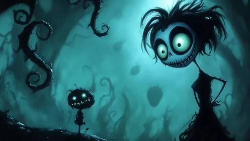 Moonlit skeletal duo in eerie teal nightmare forest.