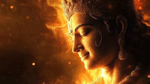 Golden serene deity portrait immersed in radiant flames.