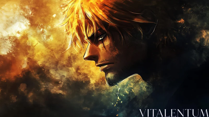 Brooding anime warrior in molten gold and shadowed gloom.