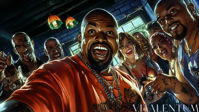 Intense group selfie under hard backlight with saturated palette.