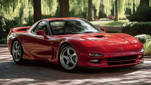 Red sports coupe rendered in high-gloss photorealistic detail