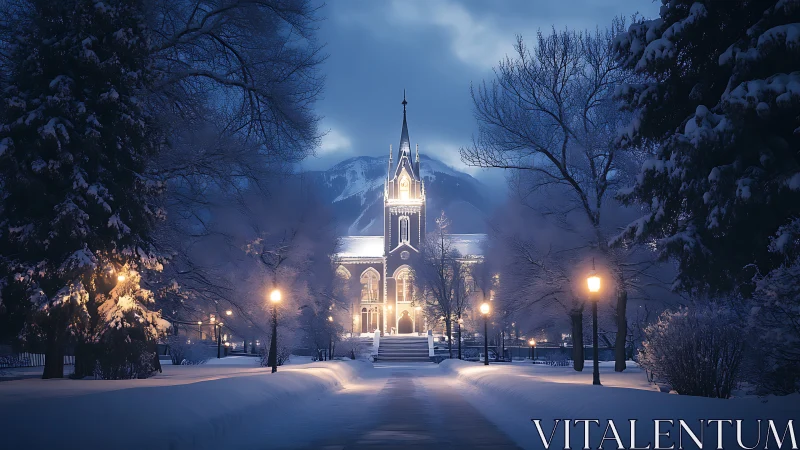 Winter-lit cathedral glows like a lantern in the snowbound night.