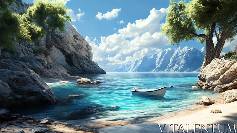 Quiet cove with small white boat on clear turquoise water.